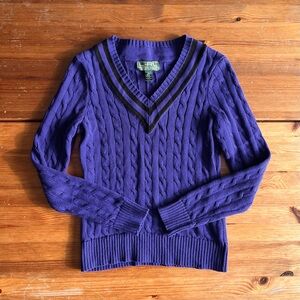 Ralph Lauren V-Neck Cable Knit Sweater Ivy League Pullover Preppy Tennis Vintage
